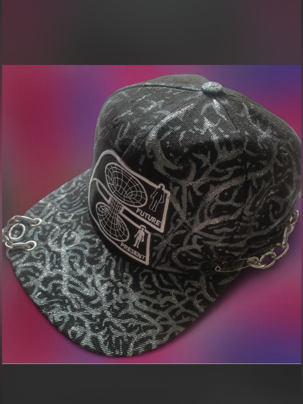 Hand Painted Cyber Sigilism Hat With Embroidered Patch & Hardware Details.